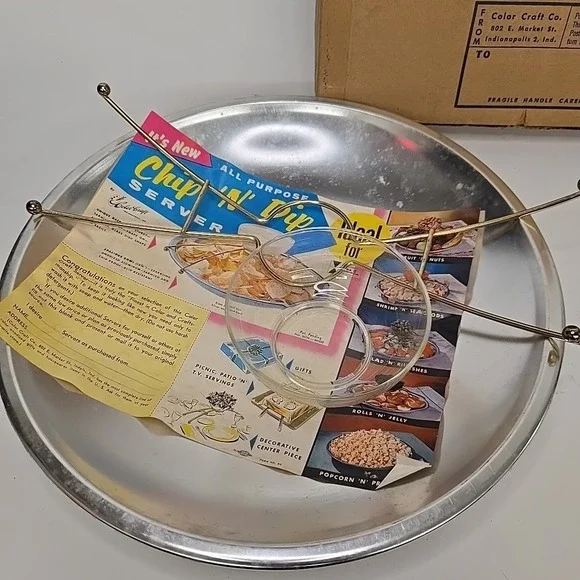 Vintage Color Craft #80 Chip N' Dip Server Aluminum & Glass UFO Bowl Made In USA - Picture 2 of 2